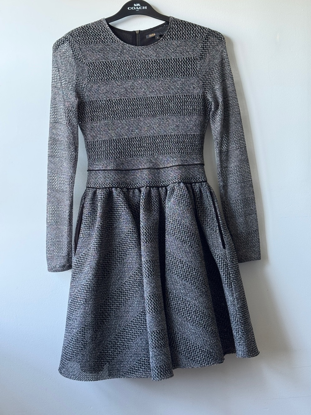 Maje Royale Gris Metallic Ribbed Skater Dress Size 2